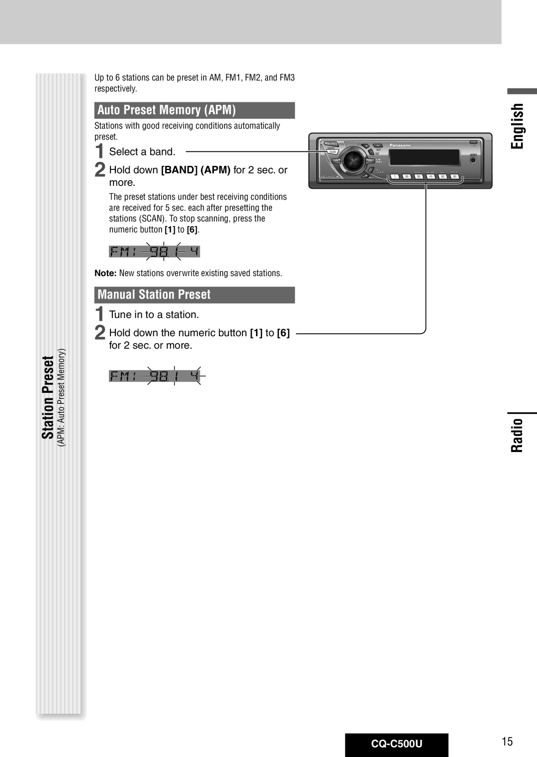 Panasonic warranty Radio, Auto Preset Memory APM, Manual Station Preset, CQ-C500U15 