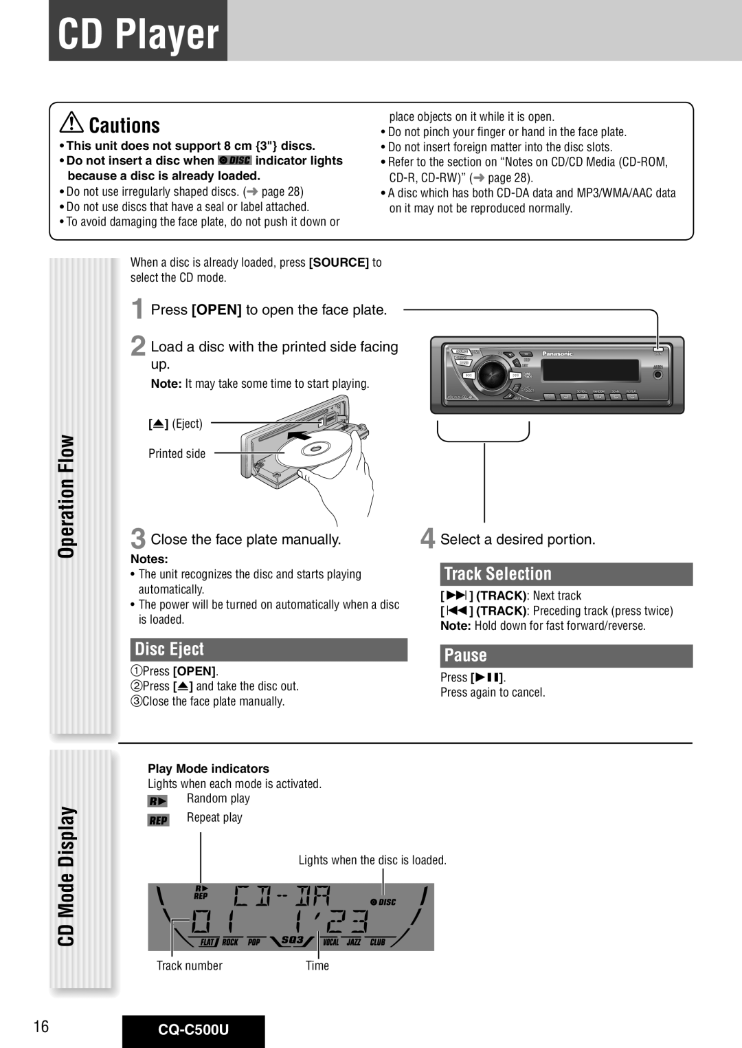 Panasonic CQ-C500U warranty CD Player, Flow, CD Mode, Operation 