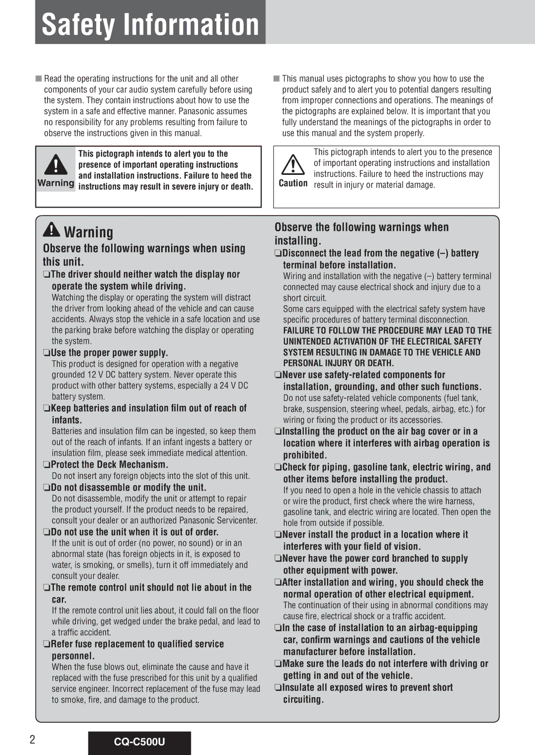 Panasonic warranty Safety Information, Observe the following warnings when using this unit, CQ-C500U 