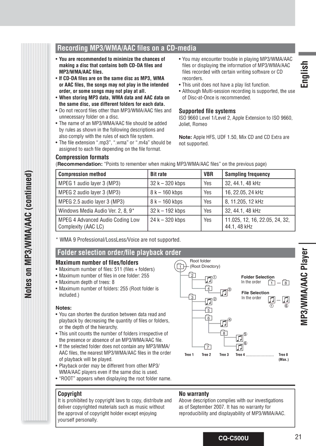 Panasonic warranty Recording MP3/WMA/AAC files on a CD-media, Folder selection order/file playback order, CQ-C500U21 