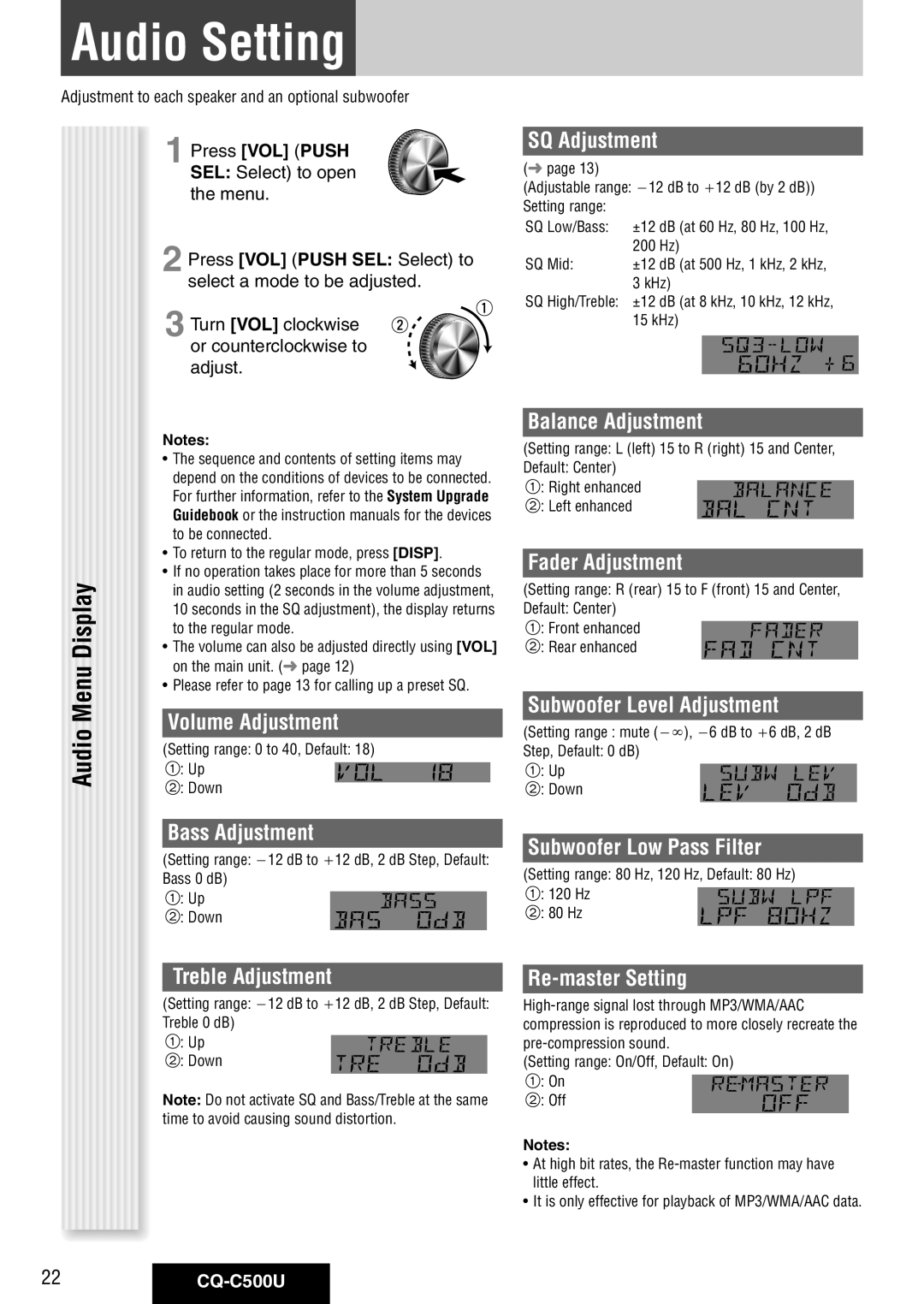 Panasonic CQ-C500U warranty Audio Setting 