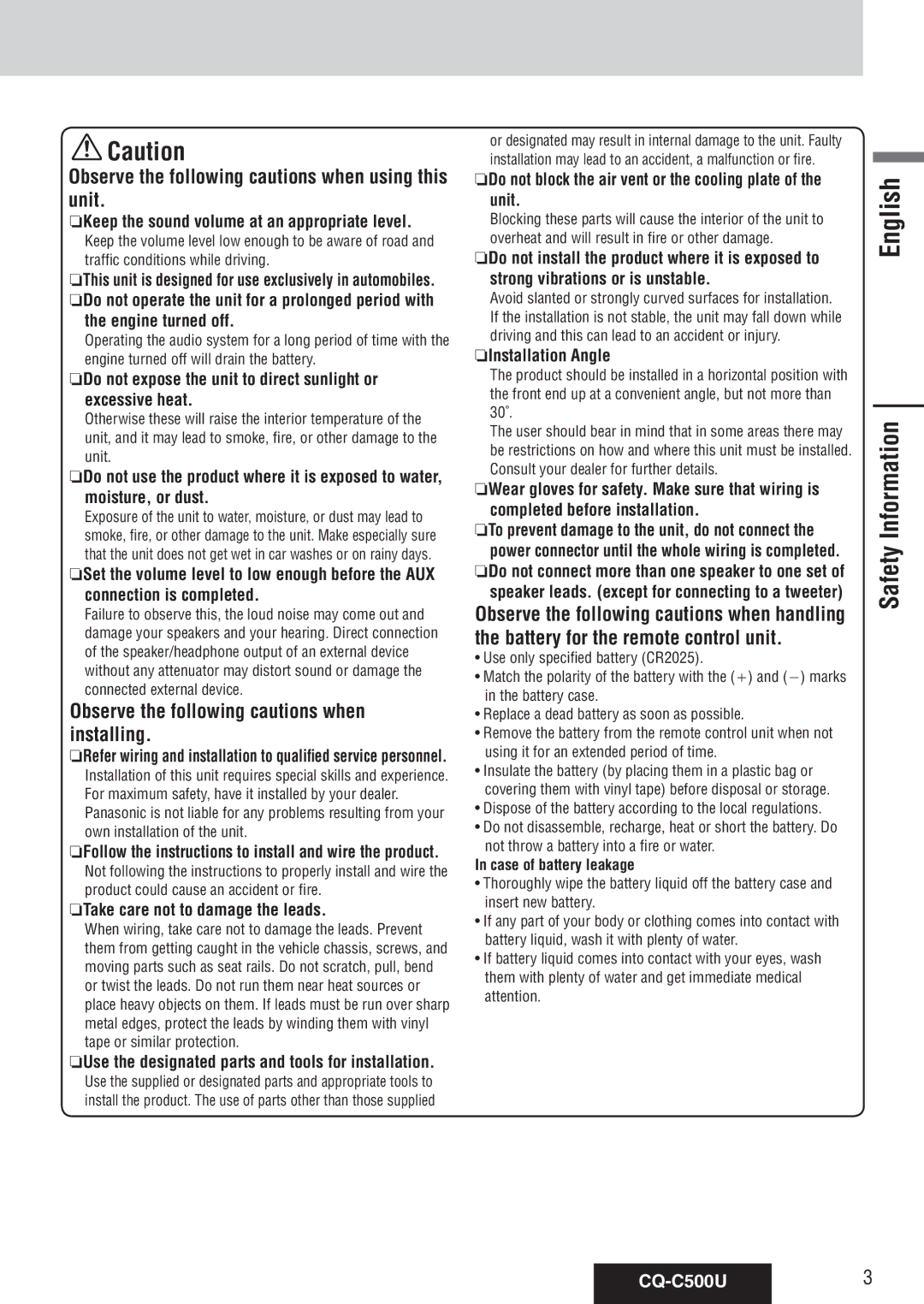 Panasonic warranty Safety Information, Observe the following cautions when using this unit, CQ-C500U 