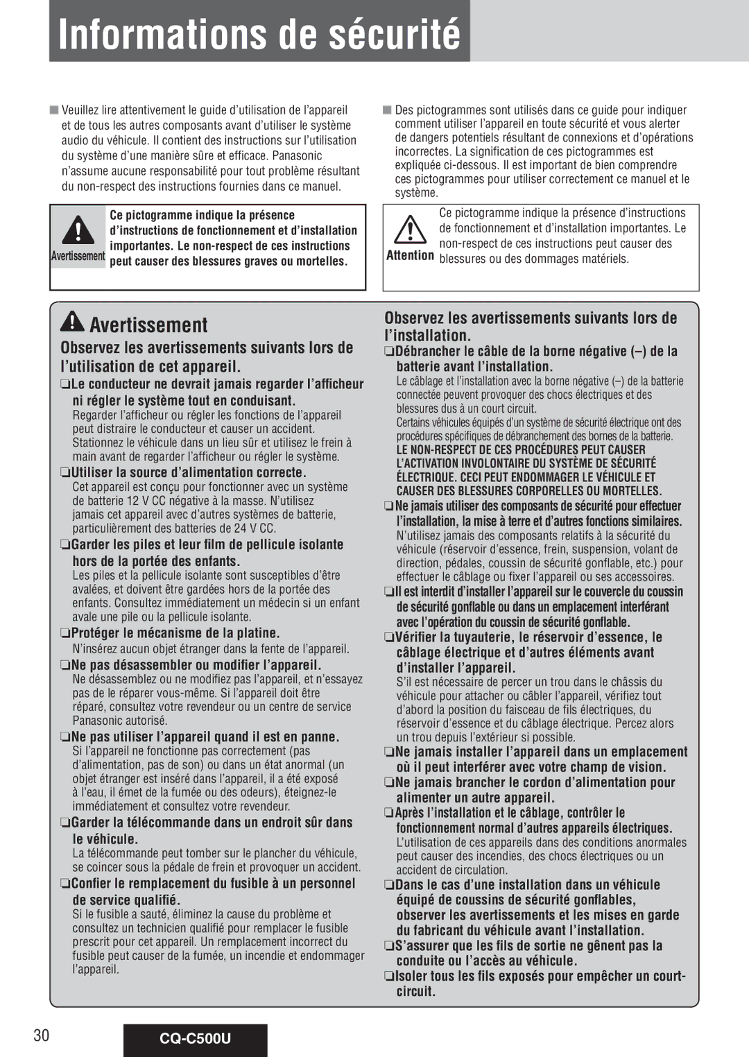 Panasonic CQ-C500U Informations de sécurité, Avertissement, Observez les avertissements suivants lors de l’installation 