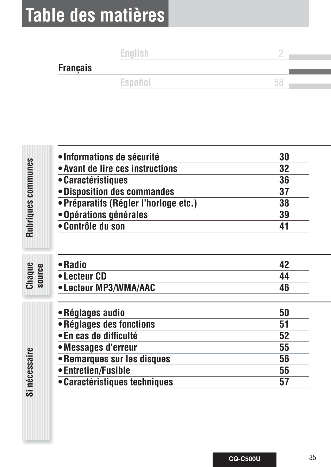 Panasonic CQ-C500U warranty Table des matières, Communes, Avant de lire ces instructions, Chaque Source 