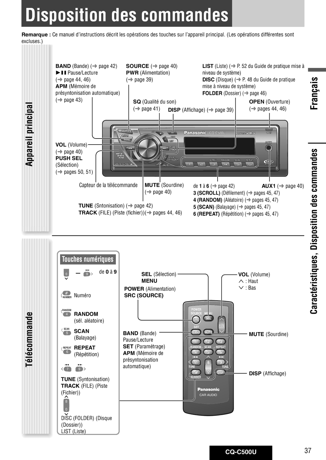 Panasonic warranty Caractéristiques, Disposition des commandes, Appareil, CQ-C500U37 