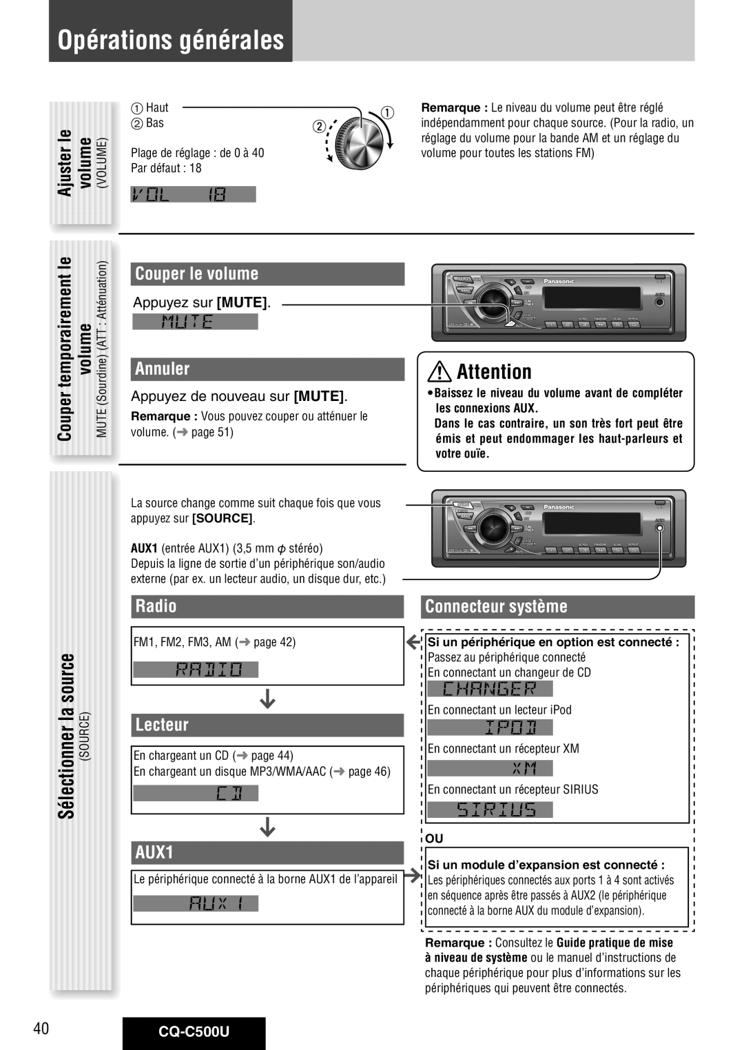 Panasonic warranty Opérations générales, Annuler, Lecteur, Connecteur système, 40CQ-C500U 