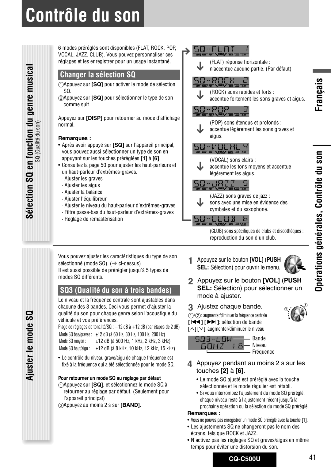 Panasonic warranty Ajuster le mode SQ, Opérations générales, Contrôle du son, Changer la sélection SQ, CQ-C500U41 