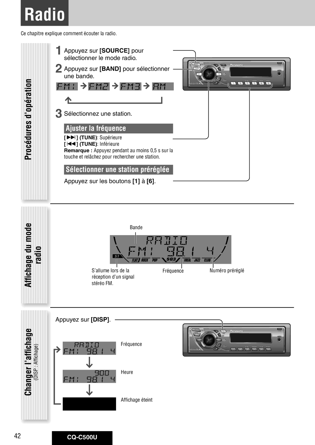 Panasonic warranty Procédures d’opération, Affichage du mode radio, Ajuster la fréquence, 42CQ-C500U 