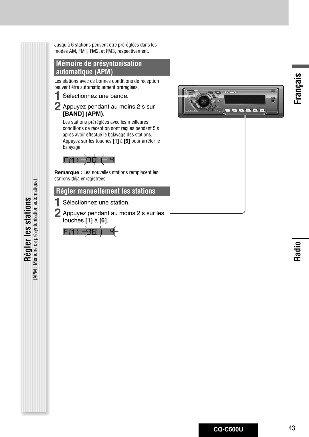 Panasonic CQ-C500U Régler les stations, Mémoire de présyntonisation Automatique APM, Régler manuellement les stations 