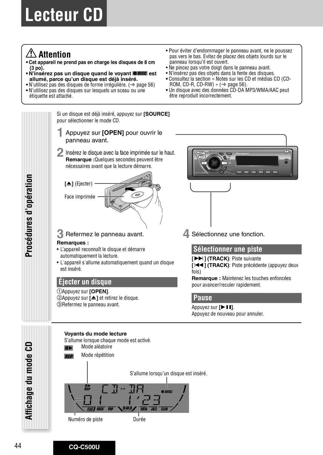 Panasonic CQ-C500U warranty Lecteur CD, Procédures, Affichage du, Sélectionner une piste, Éjecter un disque 