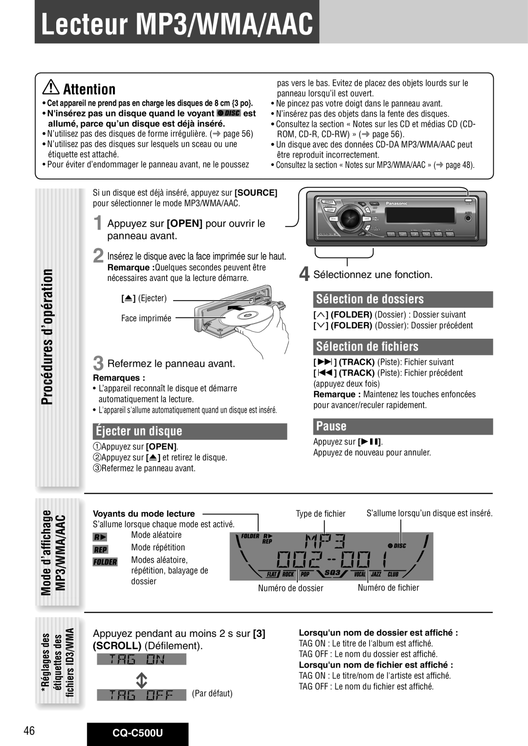 Panasonic CQ-C500U Lecteur MP3/WMA/AAC, Sélection de dossiers, Sélection de fichiers, Éjecter un disque Pause, Réglagesdes 