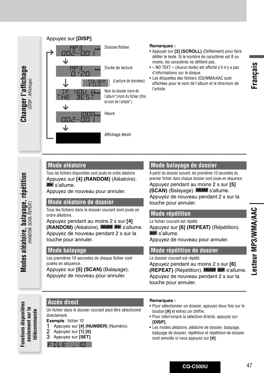 Panasonic CQ-C500U warranty Lecteur MP3/WMA/AAC, Balayage, répétition, Mode aléatoire de dossier, Mode balayage de dossier 