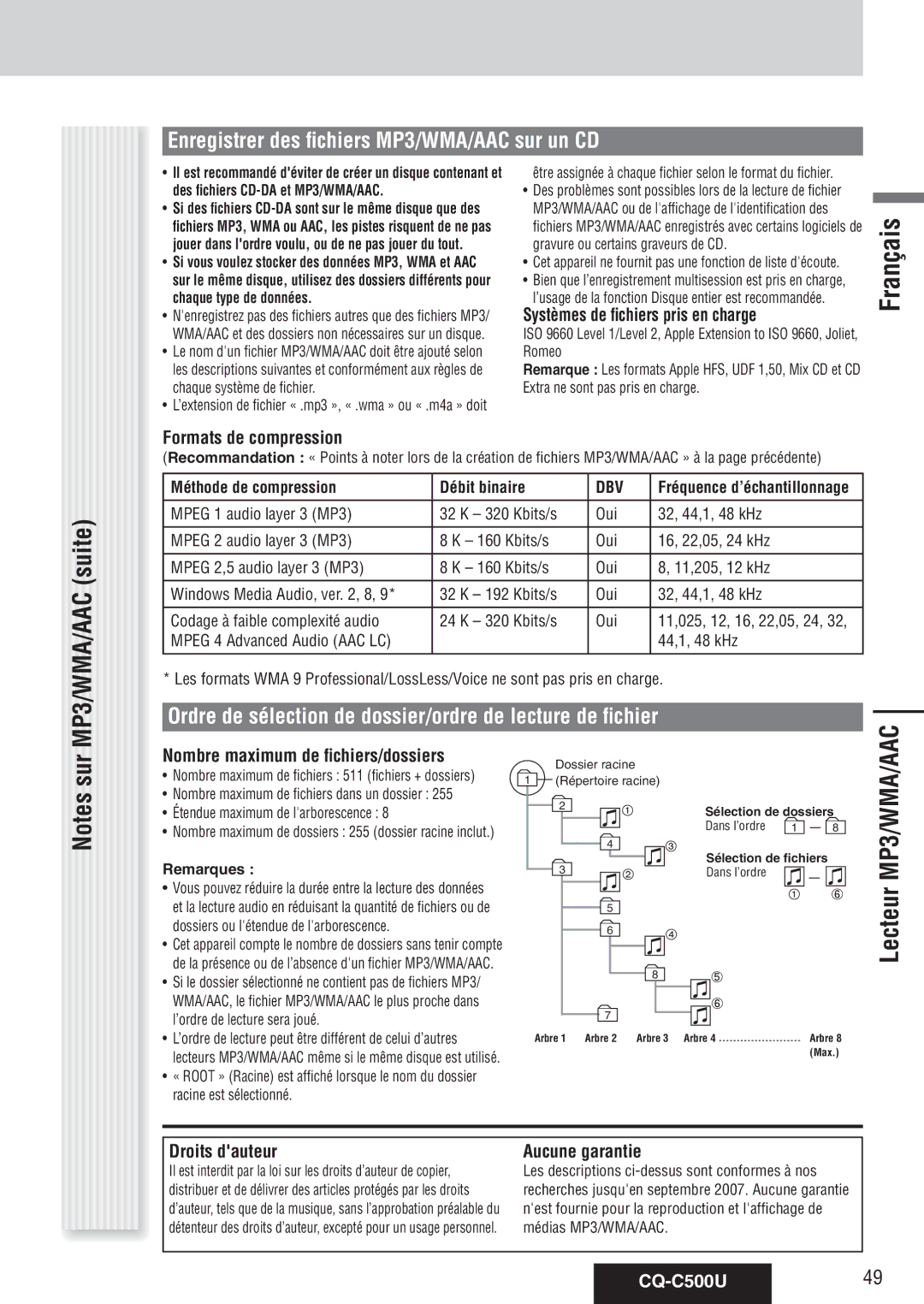 Panasonic warranty Enregistrer des fichiers MP3/WMA/AAC sur un CD, CQ-C500U49 