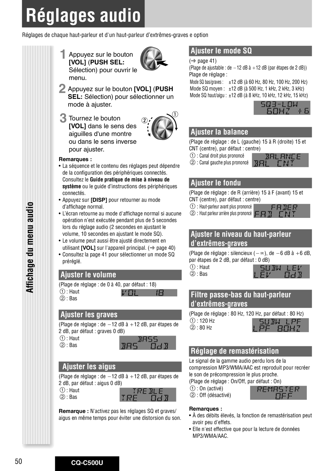 Panasonic CQ-C500U warranty Réglages audio, Affichage du menu audio 