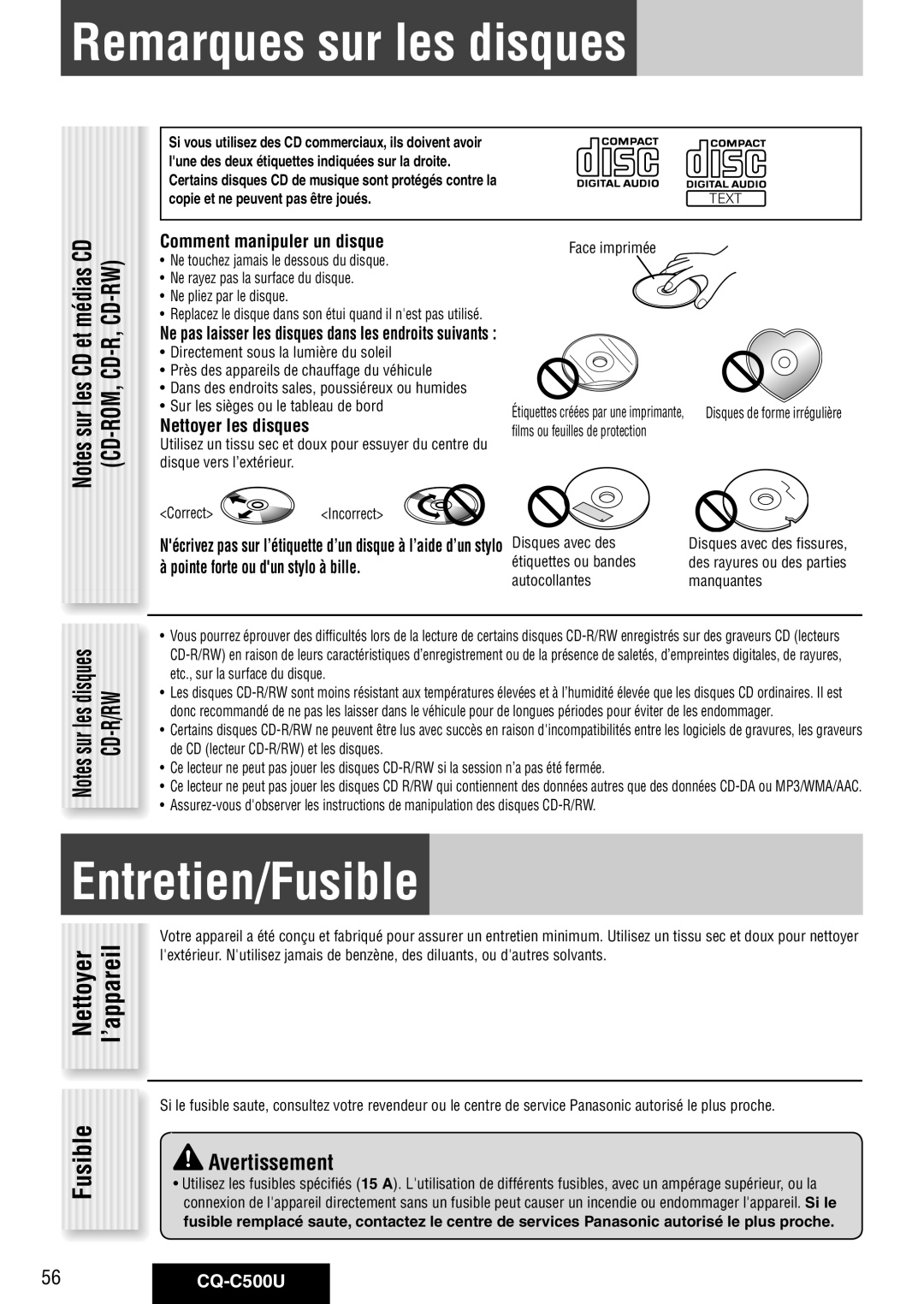 Panasonic warranty Remarques sur les disques, Entretien/Fusible, 56CQ-C500U 