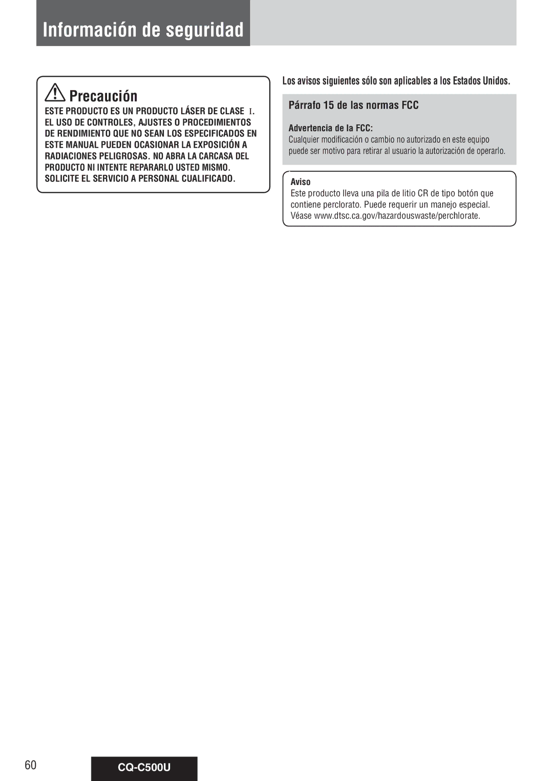 Panasonic warranty Información de seguridad, Párrafo 15 de las normas FCC, 60CQ-C500U, Advertencia de la FCC, Aviso 