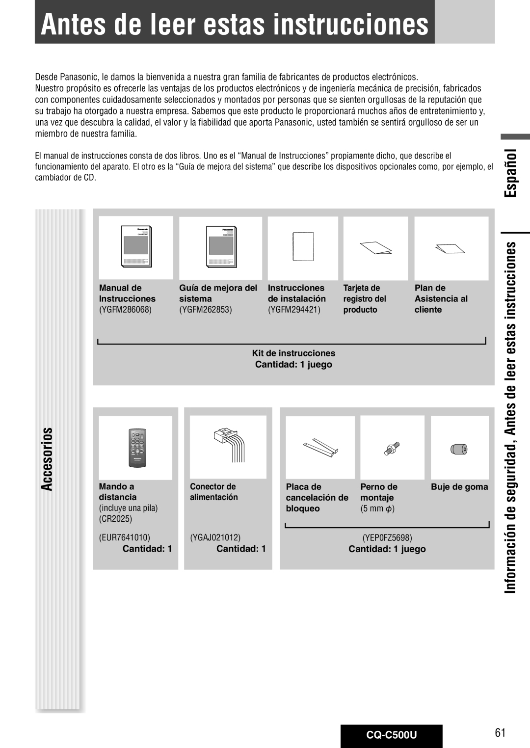 Panasonic warranty Antes de leer estas instrucciones, Accesorios, CQ-C500U61 