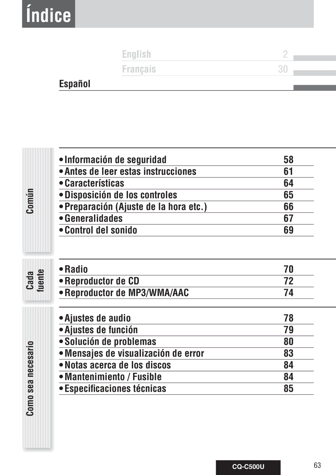 Panasonic CQ-C500U warranty Índice, Reproductor de MP3/WMA/AAC, Sea 