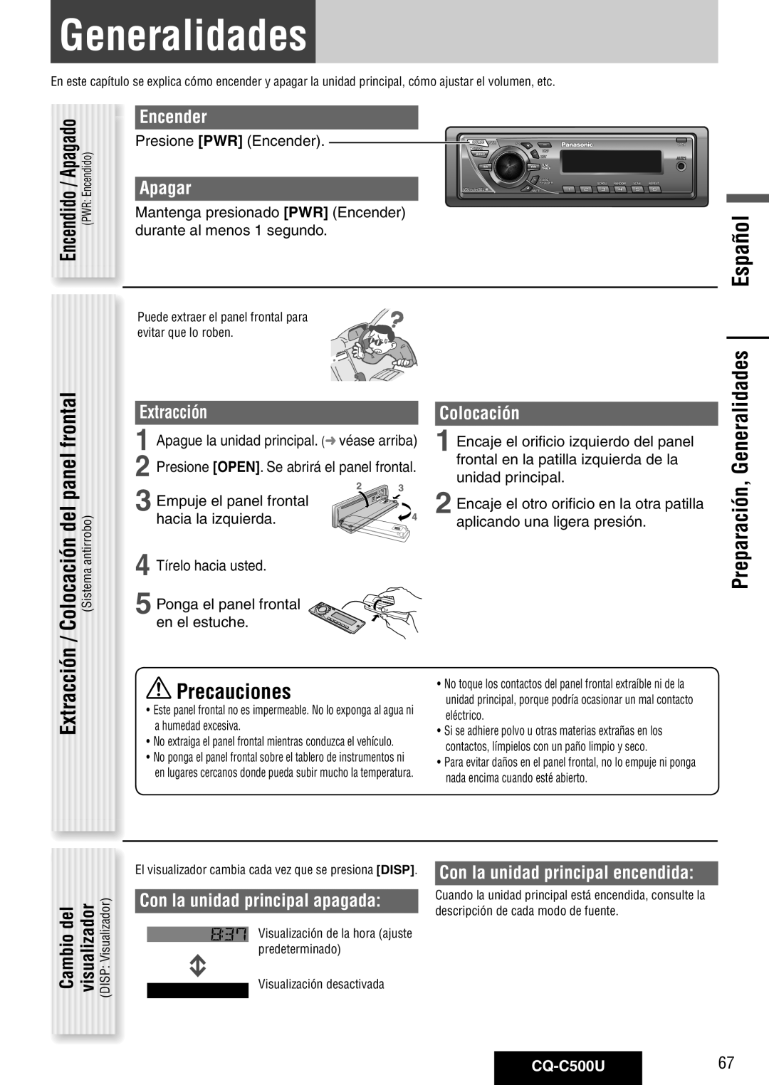 Panasonic CQ-C500U warranty Frontal, Preparación, Generalidades 