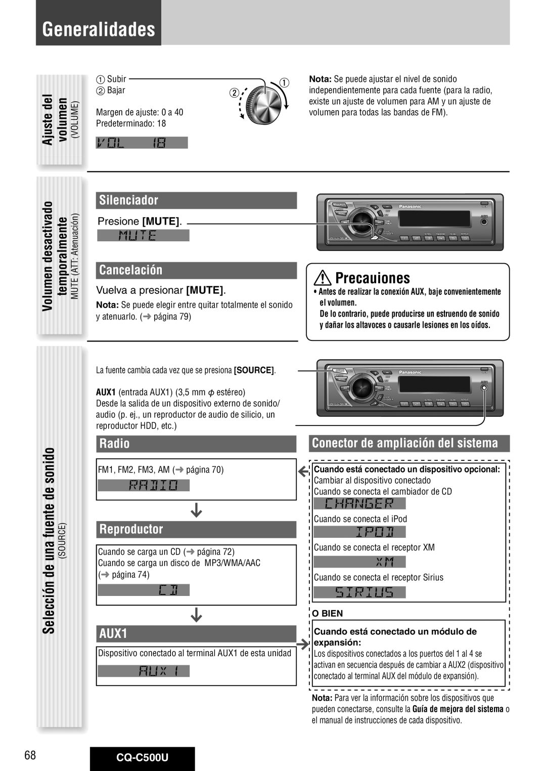 Panasonic CQ-C500U warranty Generalidades, Precauiones 