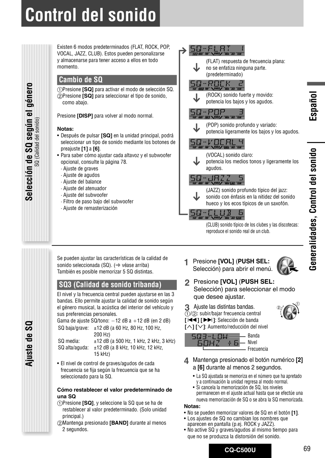 Panasonic CQ-C500U Generalidades, Control del sonido Ajuste de SQ, Cambio de SQ, SQ3 Calidad de sonido tribanda 