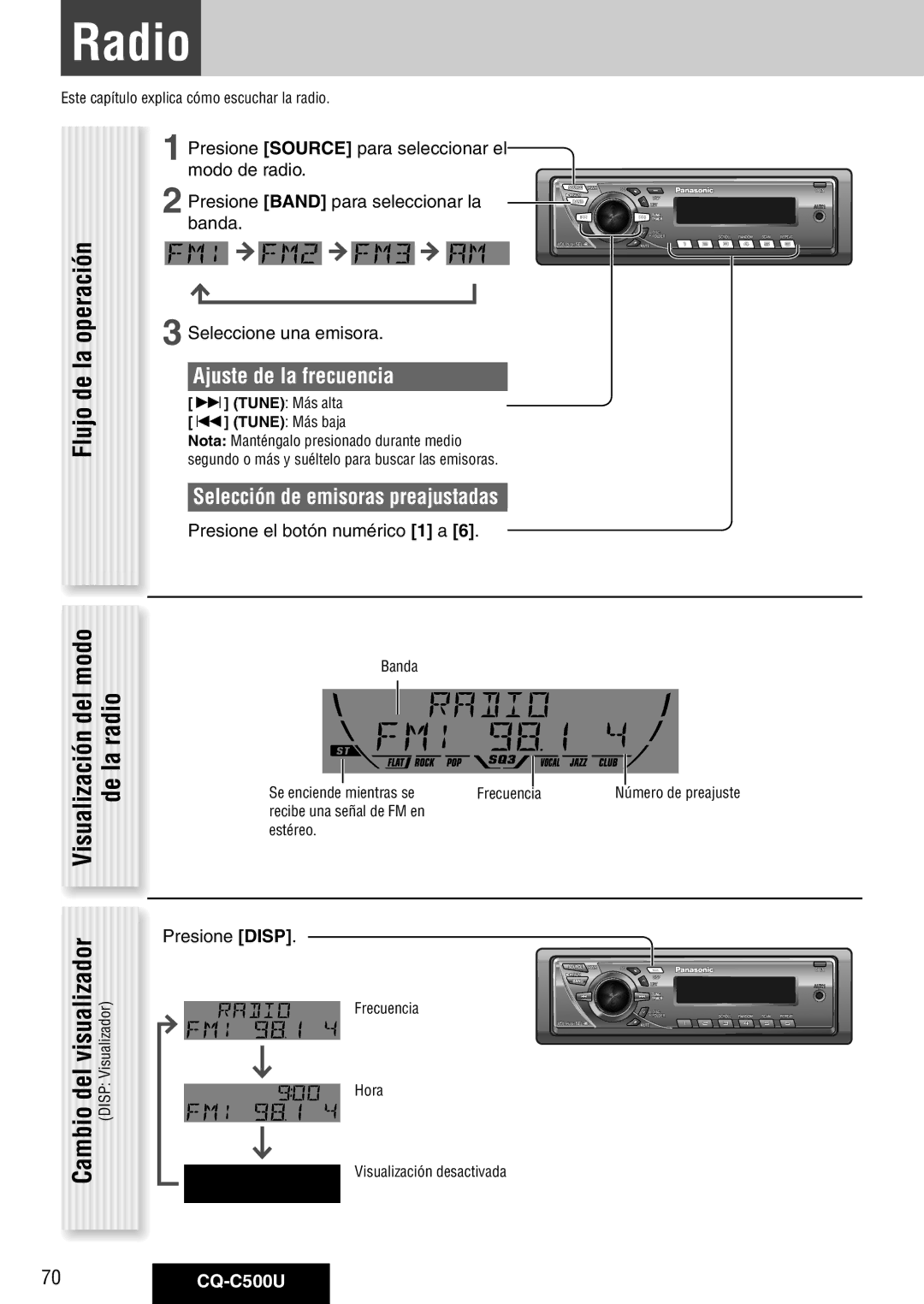 Panasonic Ajuste de la frecuencia, Selección de emisoras preajustadas, Presione el botón numérico 1 a, 70CQ-C500U 