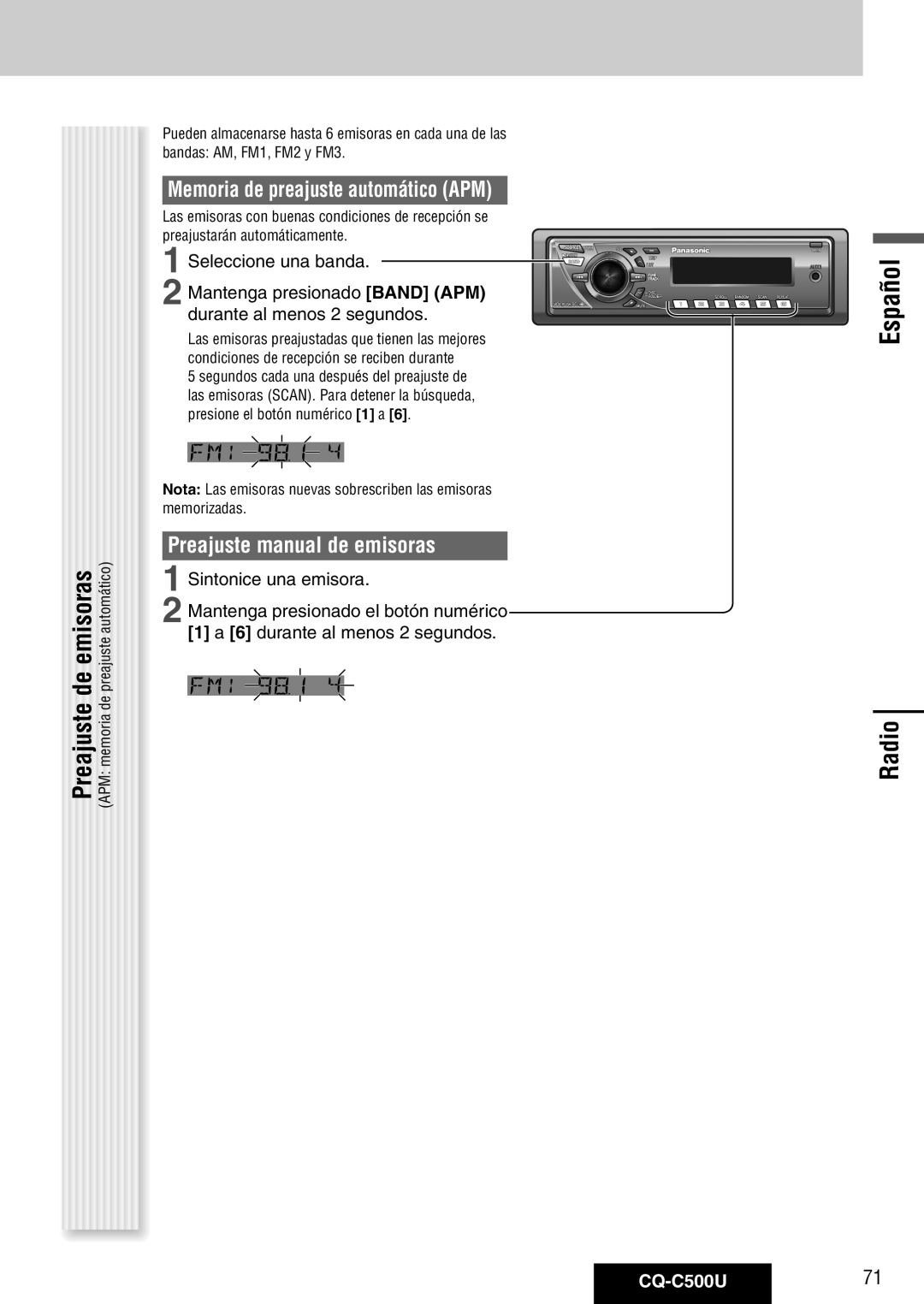 Panasonic CQ-C500U Preajuste de emisoras, Memoria de preajuste automático APM, Preajuste manual de emisoras, Español 