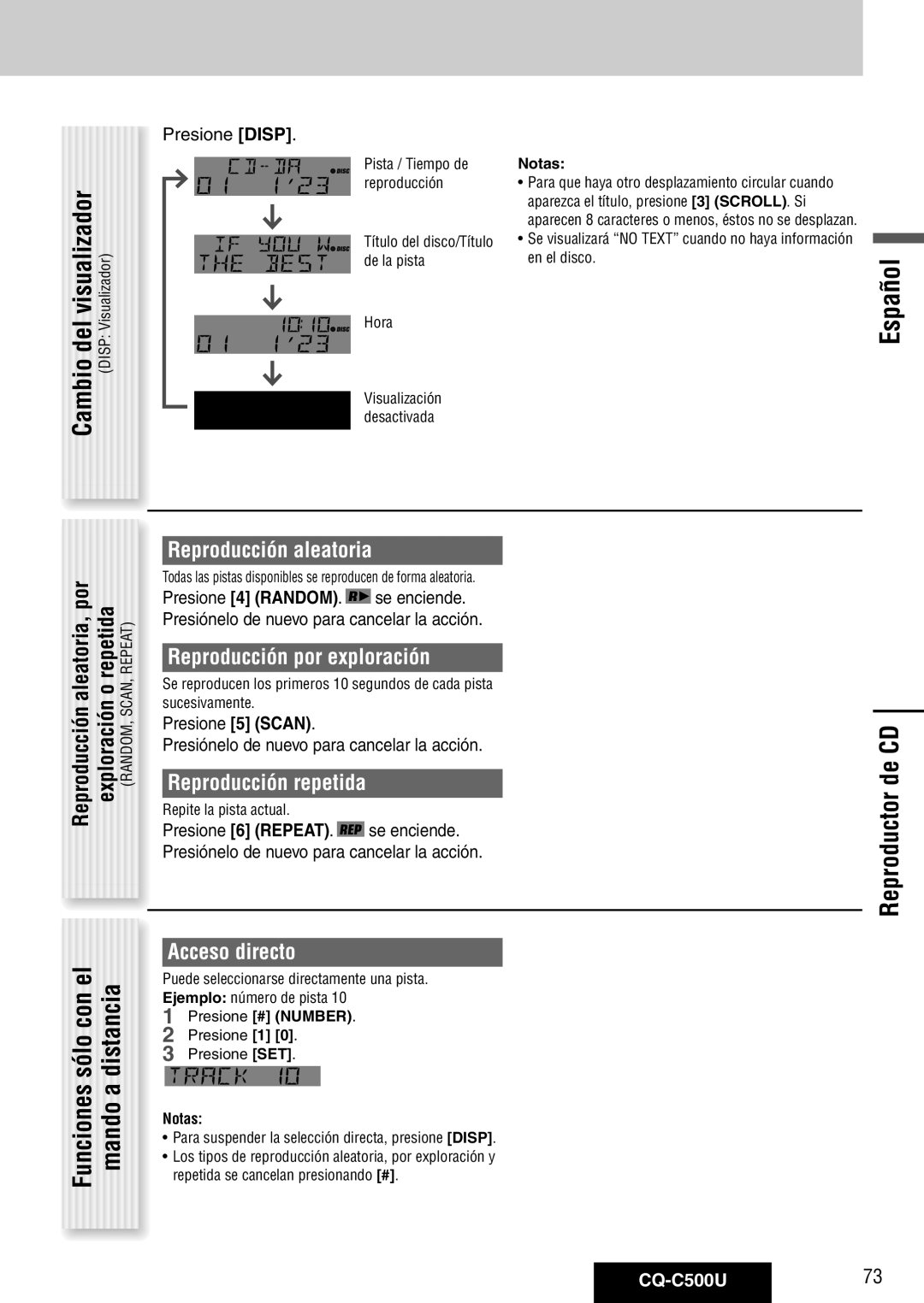 Panasonic CQ-C500U Consóloel, Reproductor de CD, Reproducción aleatoria, Reproducción por exploración, Acceso directo 