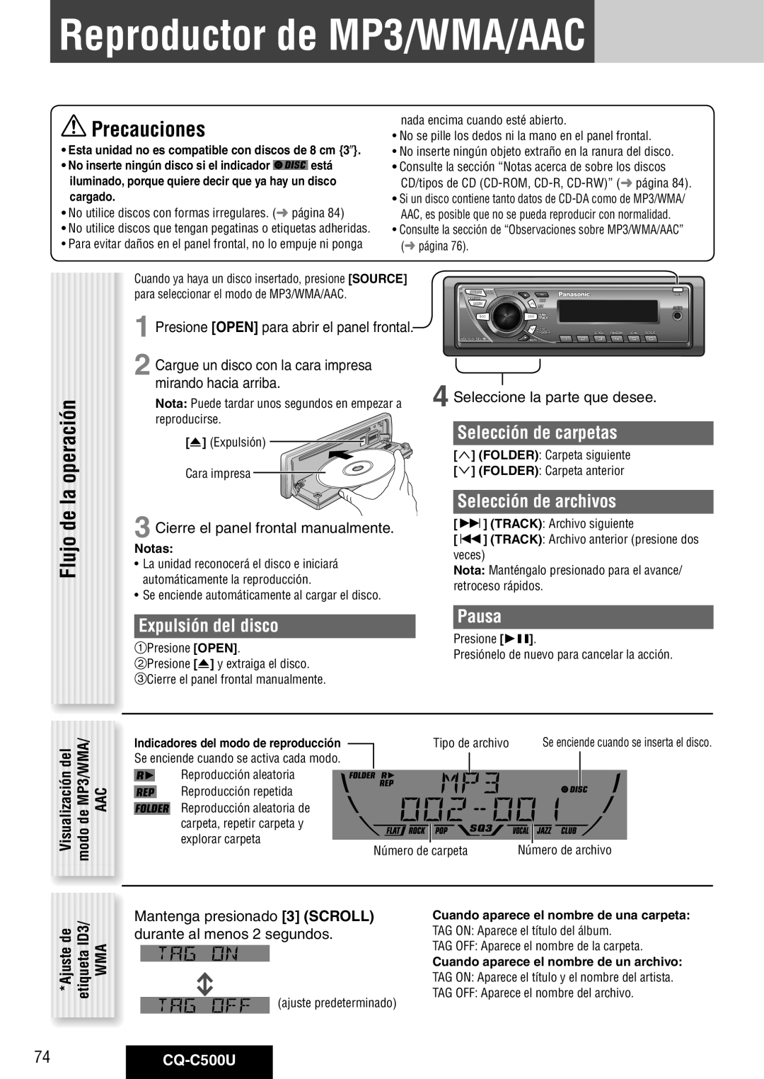 Panasonic CQ-C500U warranty Reproductor de MP3/WMA/AAC, Flujo, Selección de carpetas, Selección de archivos 