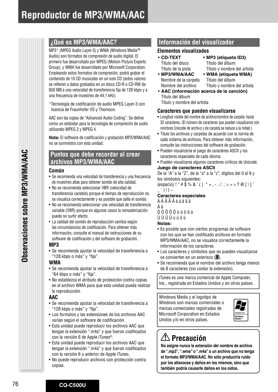 Panasonic warranty Reproductor de MP3/WMA/AAC, ¿Qué es MP3/WMA/AAC?, Información del visualizador, 76CQ-C500U 