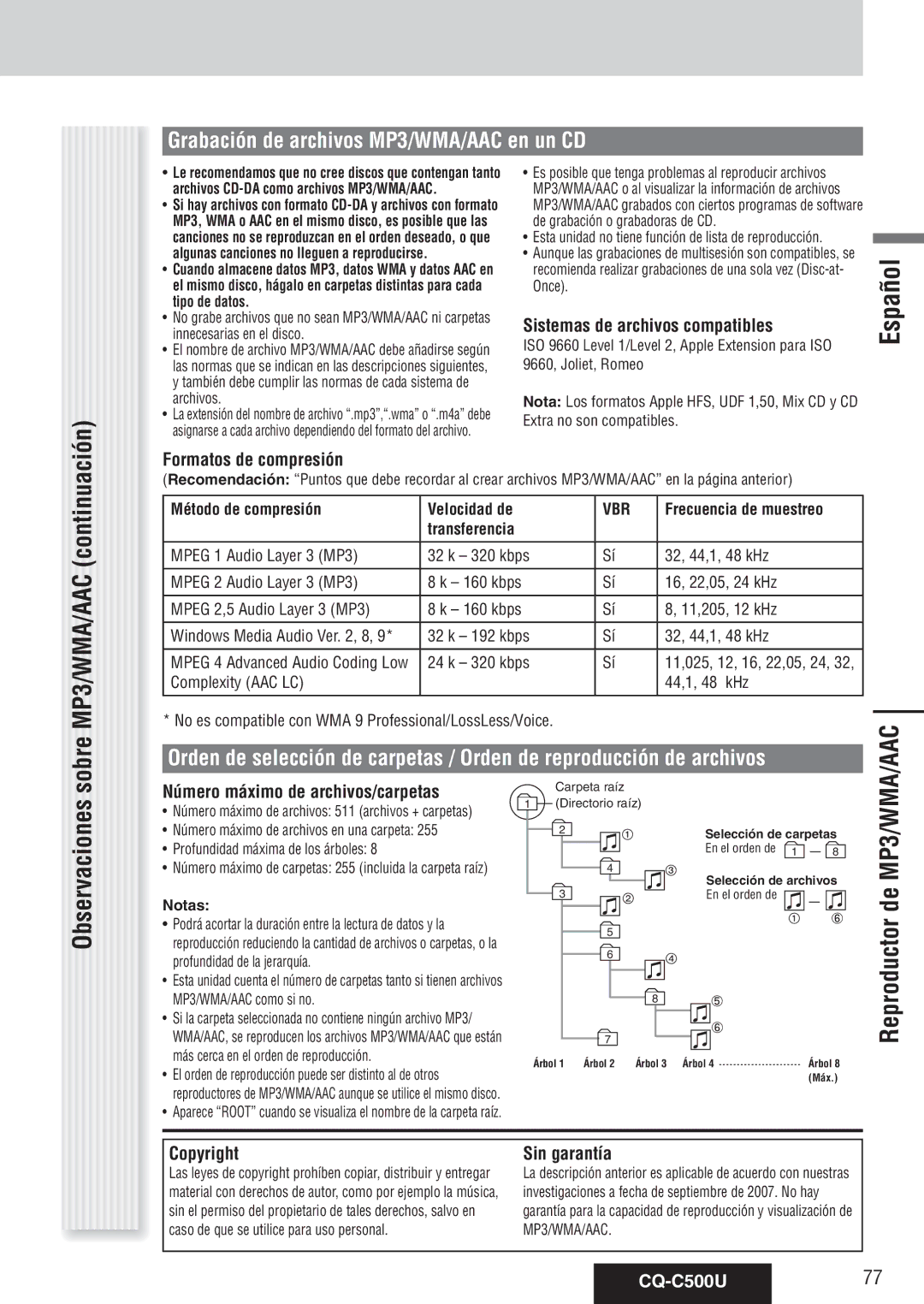 Panasonic warranty Grabación de archivos MP3/WMA/AAC en un CD, Observaciones sobre MP3/WMA/AAC continuación, CQ-C500U77 