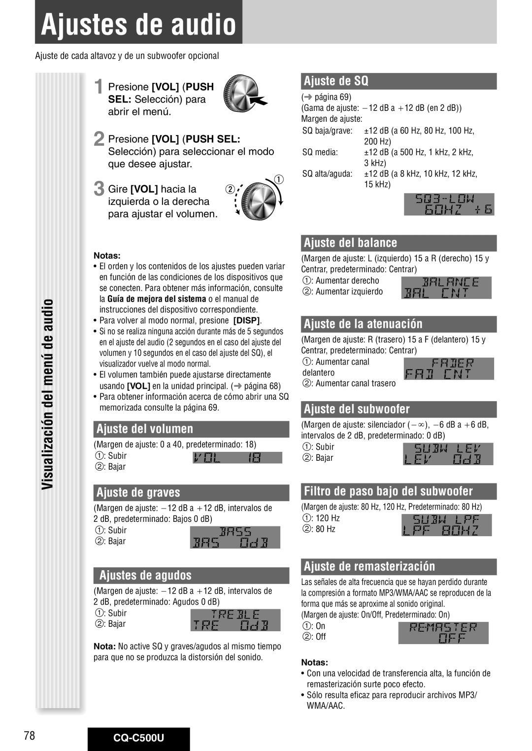 Panasonic CQ-C500U warranty Ajustes de audio, Del 