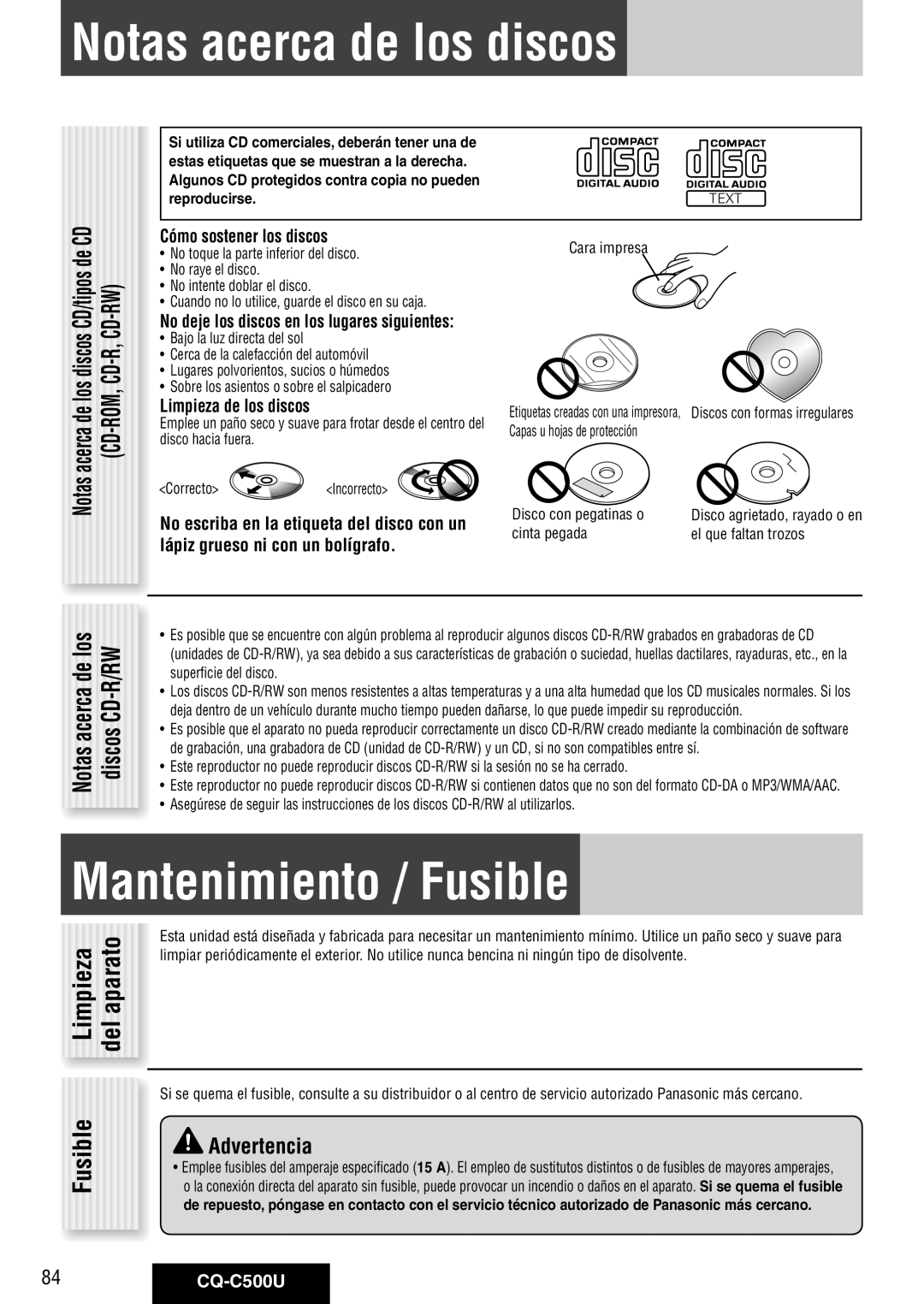 Panasonic warranty Notas acerca de los discos, Mantenimiento / Fusible, 84CQ-C500U 