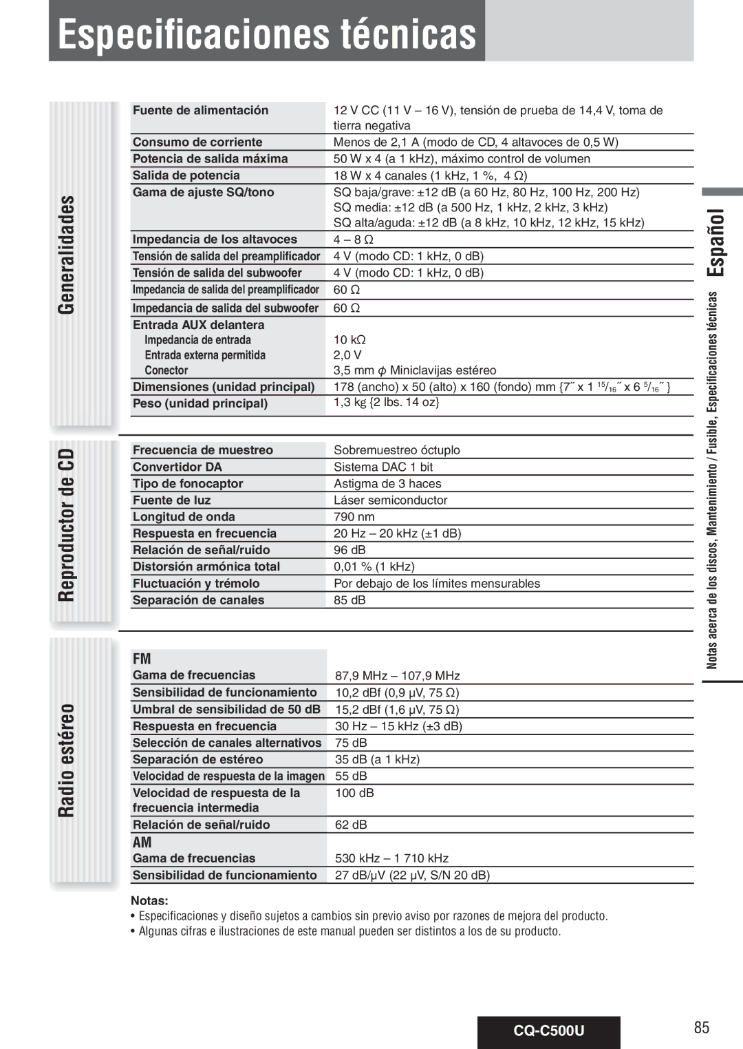 Panasonic warranty Especificaciones técnicas, Estéreo, CQ-C500U85 