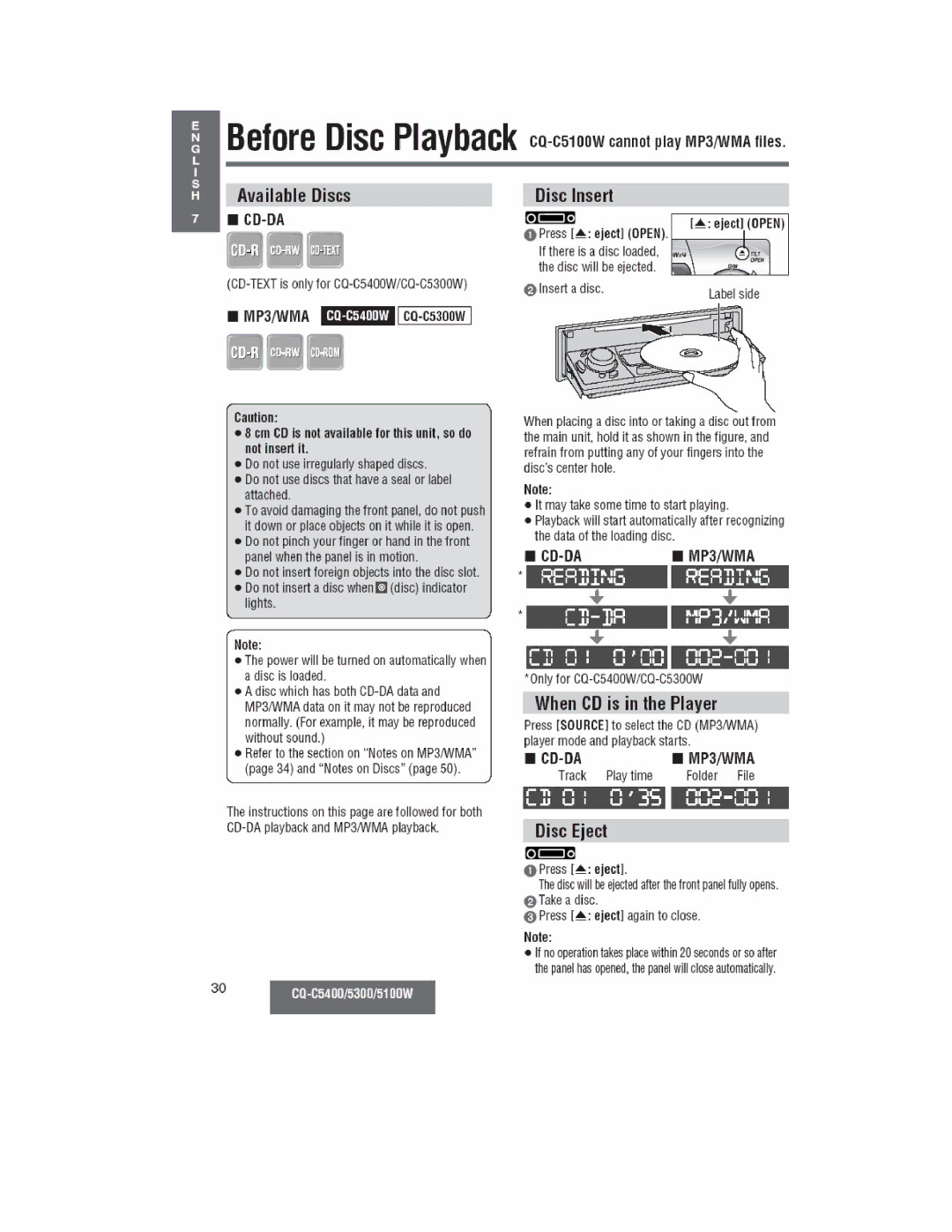 Panasonic CQ-C5100W, CQ-C5300W, CQ-C5400 manual 