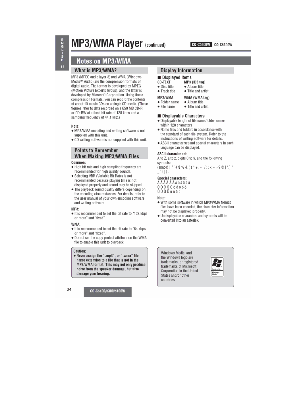 Panasonic CQ-C5300W, CQ-C5400, CQ-C5100W manual 