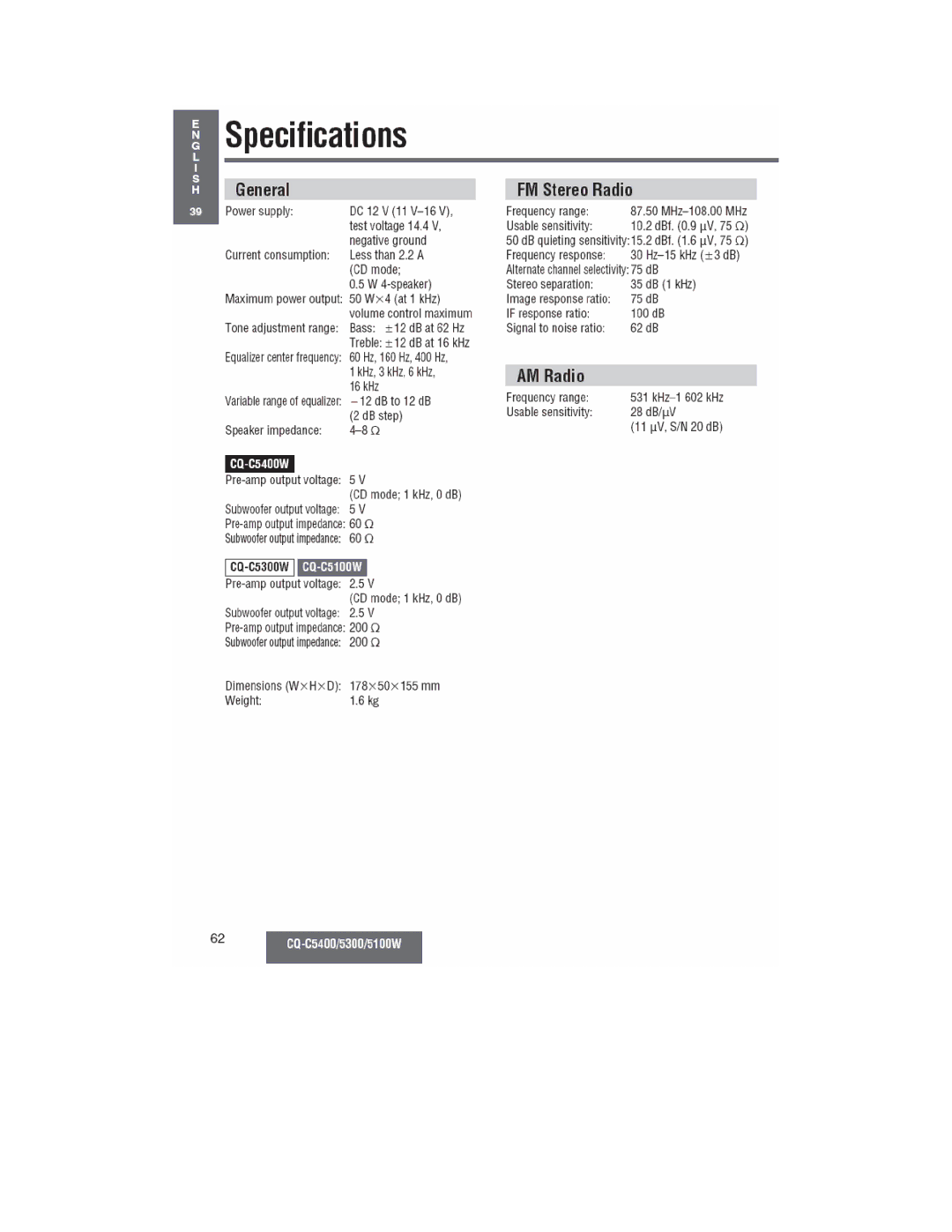 Panasonic CQ-C5100W, CQ-C5300W, CQ-C5400 manual 