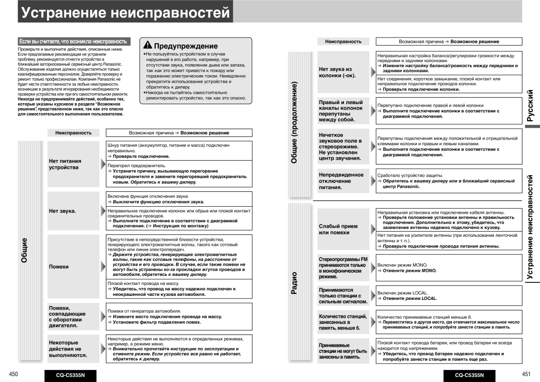 Panasonic CQ-C5355N operating instructions Устранение неисправностей, Продолжение, Общие Радио, Русский 