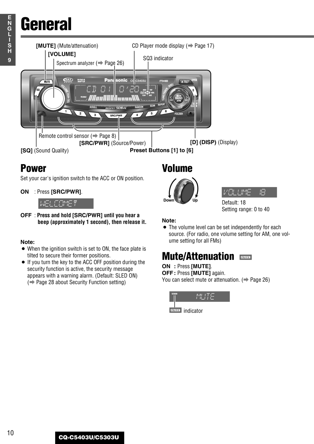 Panasonic CQ-C5403U, C5303U warranty General, Power, Volume, Mute/Attenuation 