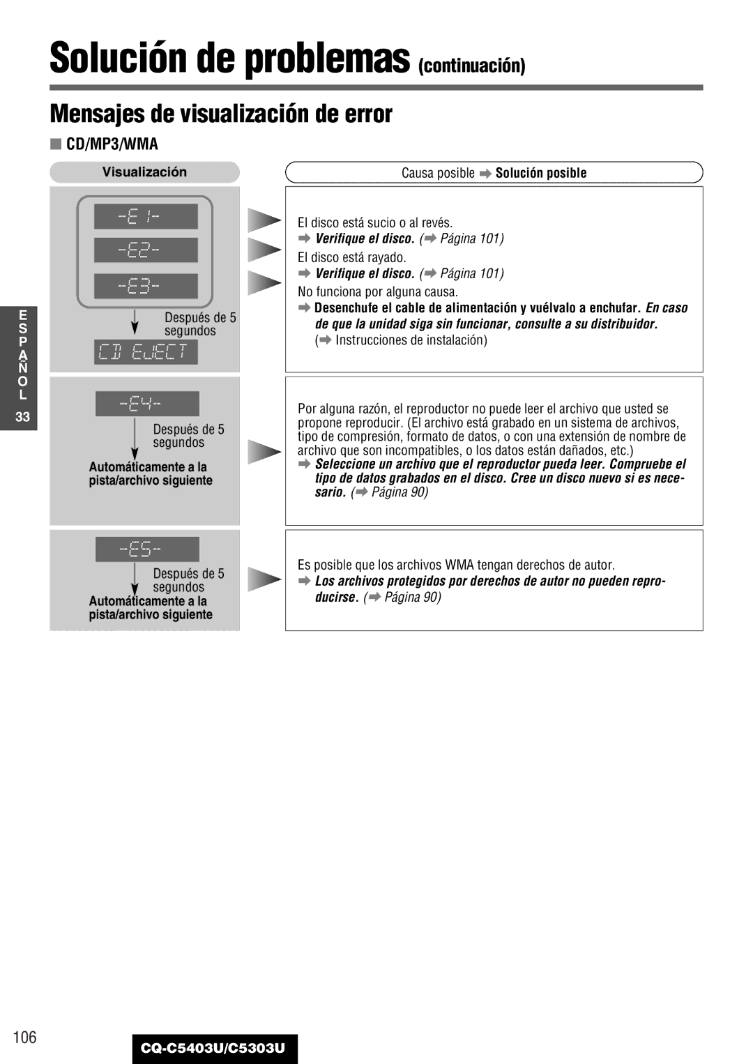 Panasonic CQ-C5403U, C5303U warranty Mensajes de visualización de error 