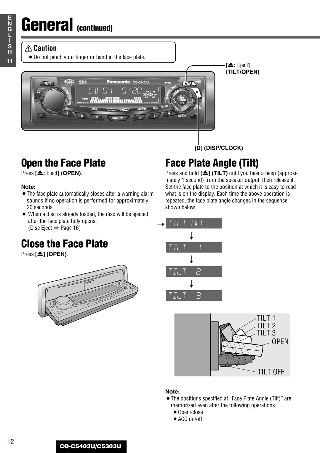 Panasonic CQ-C5403U Open the Face Plate, Face Plate Angle Tilt, Close the Face Plate, Eject TILT/OPEN, Press u Open 