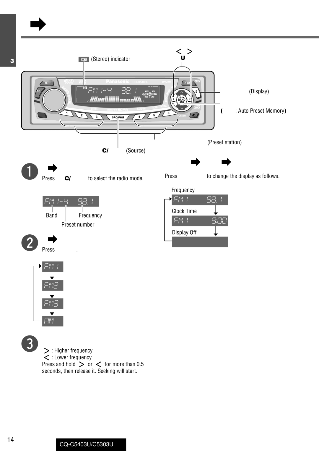 Panasonic CQ-C5403U, C5303U warranty Radio Mode, Display Change 