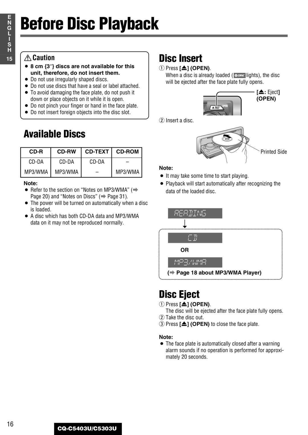 Panasonic CQ-C5403U, C5303U warranty Before Disc Playback, Disc Insert, Available Discs, Disc Eject 