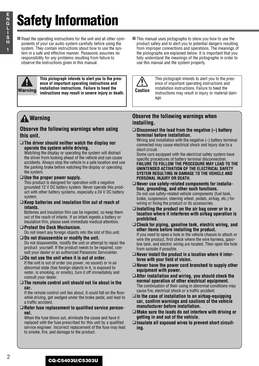 Panasonic CQ-C5403U, C5303U warranty Safety Information, Observe the following warnings when using this unit 