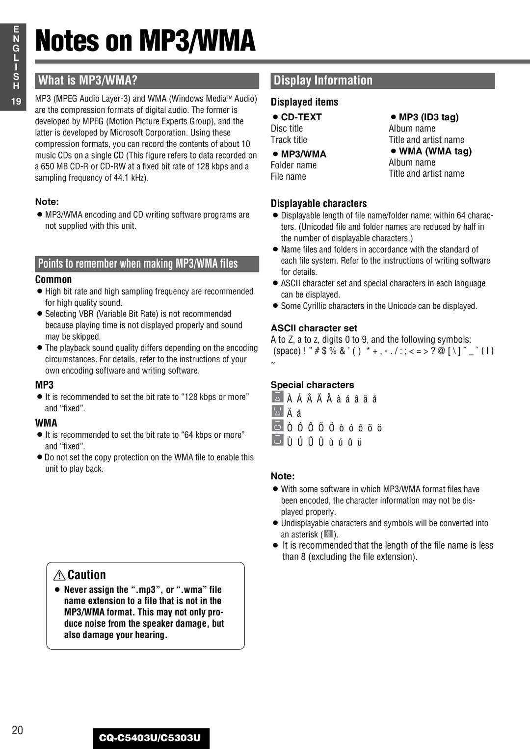 Panasonic CQ-C5403U, C5303U warranty What is MP3/WMA? Display Information, Common, Ascii character set, Special characters 