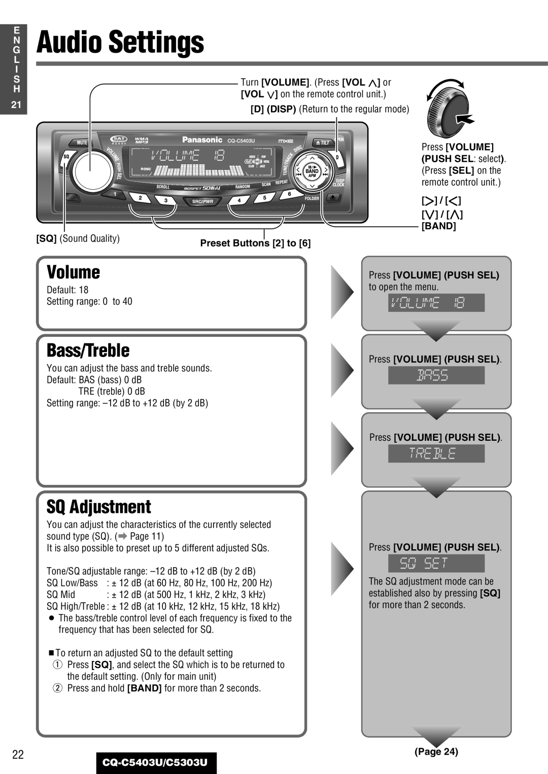 Panasonic CQ-C5403U, C5303U warranty Audio Settings, Bass/Treble, SQ Adjustment 