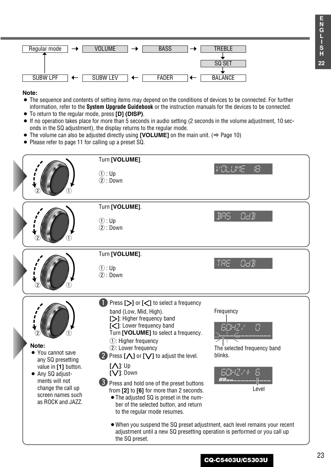 Panasonic C5303U, CQ-C5403U warranty Regular mode, Turn Volume, Down, ¡ You cannot save, SQ preset 