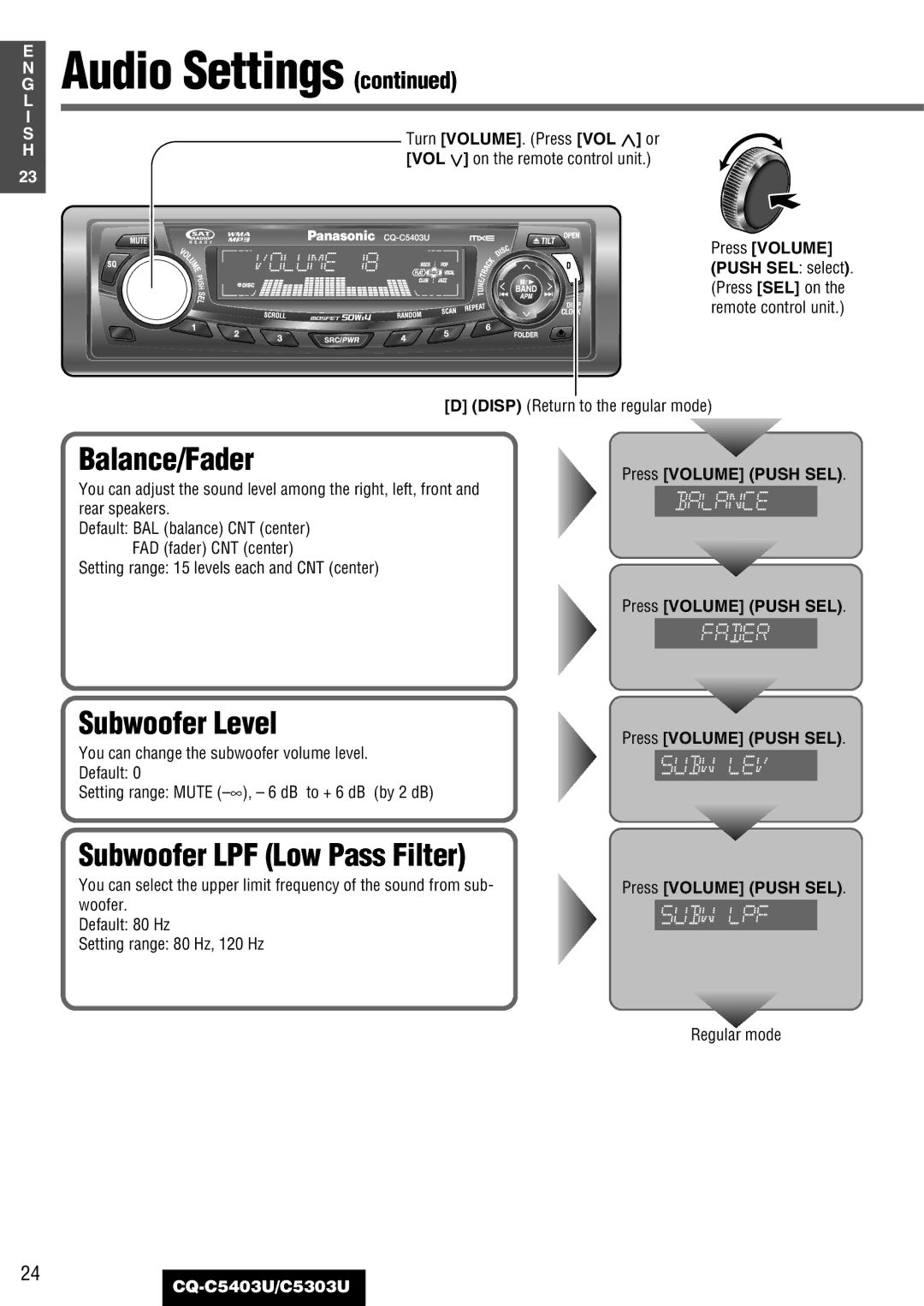 Panasonic CQ-C5403U, C5303U warranty Balance/Fader, Subwoofer Level, Subwoofer LPF Low Pass Filter 