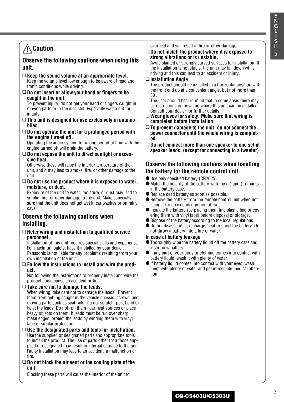 Panasonic C5303U Observe the following cautions when using this unit, Observe the following cautions when installing 