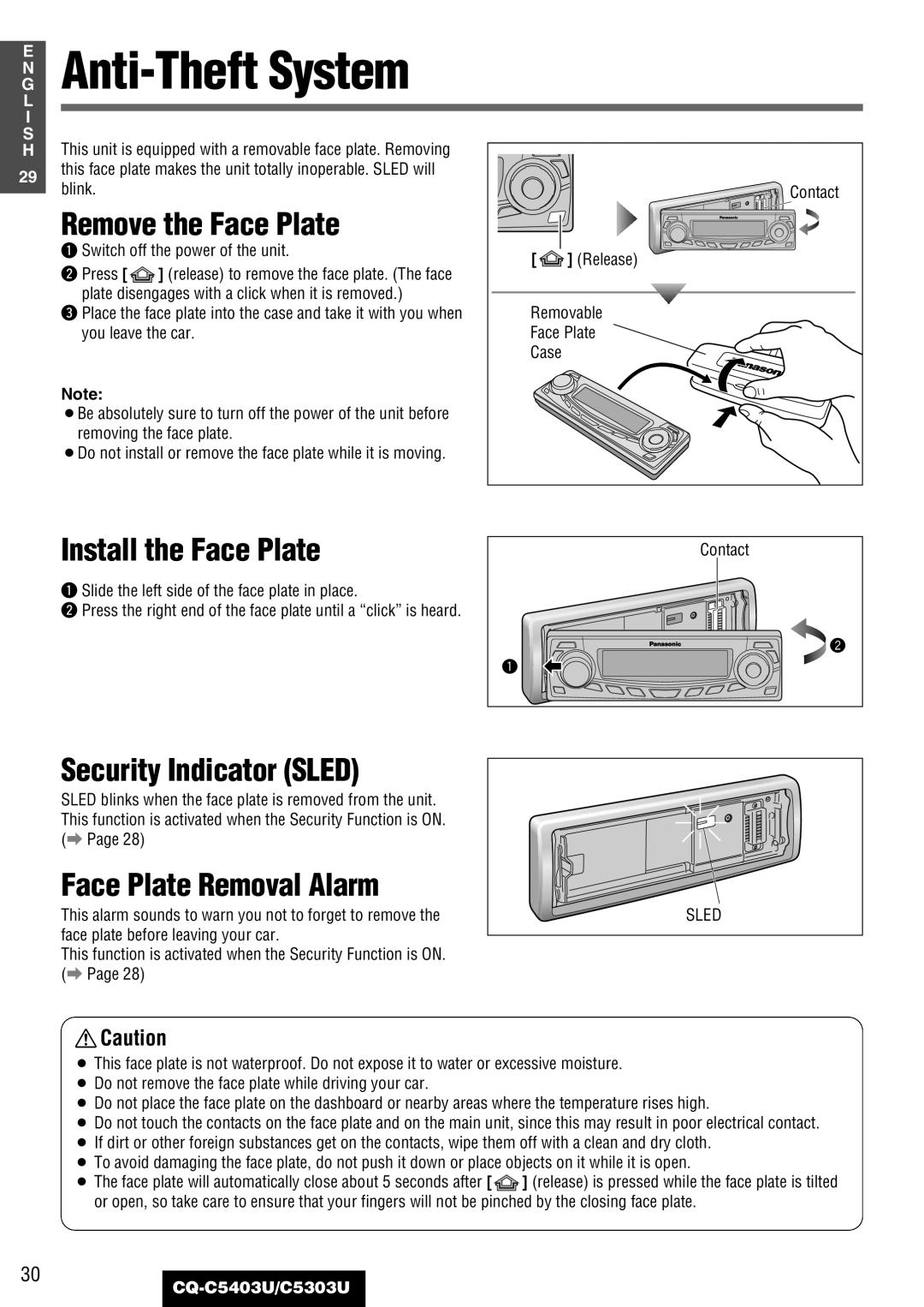 Panasonic CQ-C5403U, C5303U Anti-Theft System, Remove the Face Plate, Install the Face Plate, Security Indicator Sled 